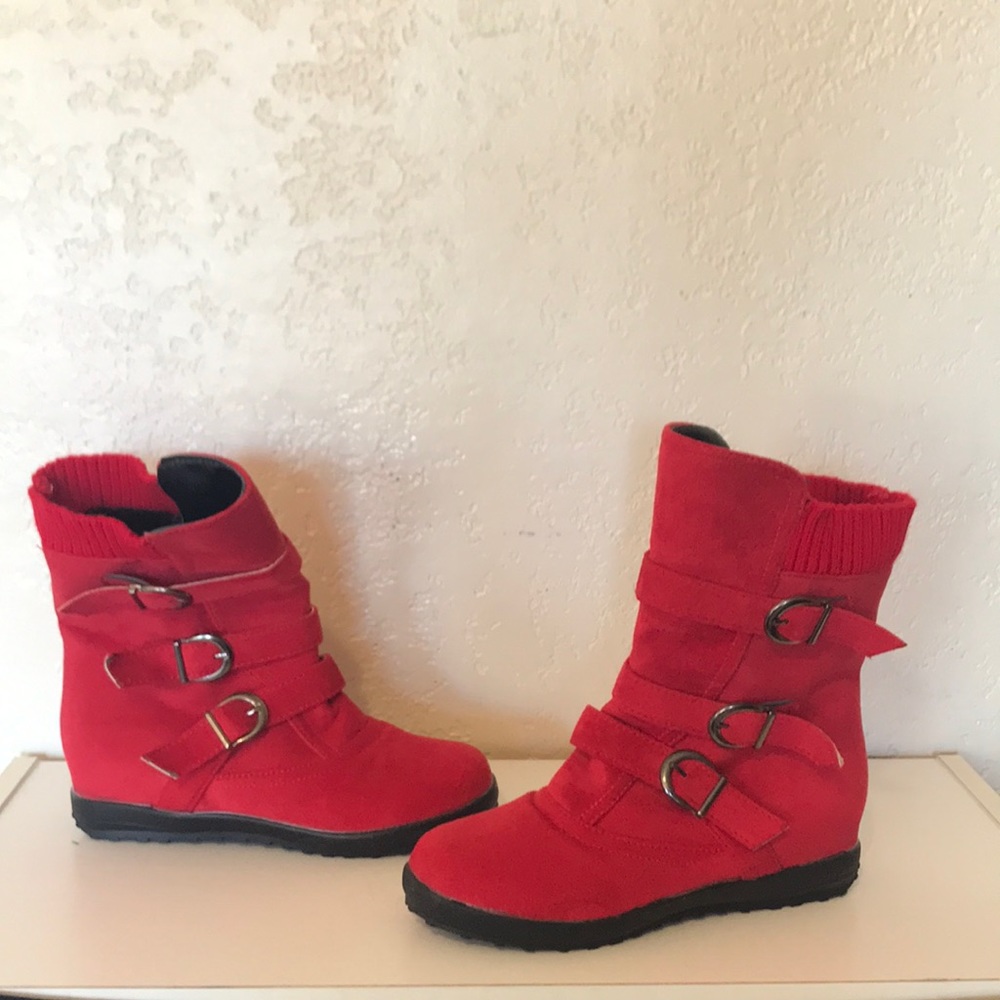 Red buckle boots